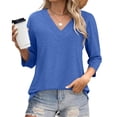 thumbnail image 4 of PiGOGI Women's Long Sleeve Shirt Women's Fashion Solid Color T-shirt 3/4 Sleeves Blouse Round Neck Casual Tops Blue, 4 of 5