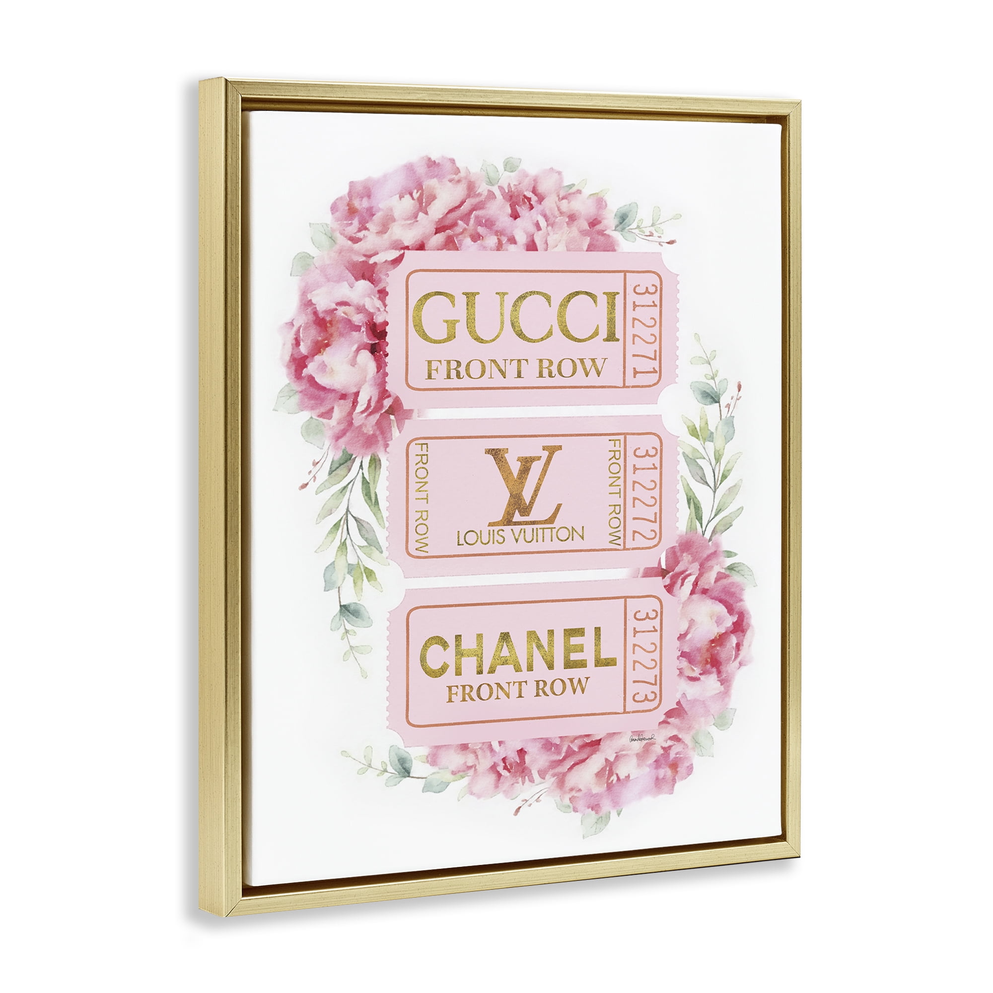 Stupell Industries Pink & Gold Glam Tickets Fashion Painting Gold Floater Framed Canvas Art Print Wall Art, 25 x 31