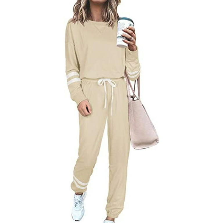 Womens Casual 2 Piece Outfit Solid Color Long Pant Set Sweatsuits  Tracksuits,Two Piece Sweatsuit for Women 2023 Long Sleeve Crewneck Pullover  Tops and