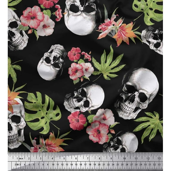 Soimoi Poly Georgette Fabric Monstera Leaves,Floral & Horror Skull Halloween Fabric Prints by Yard 52 Inch Wide