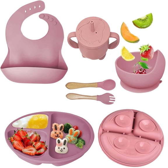 Baby Feeding Set,6 Piece，Baby Led Weaning Supplies with Suction Bowl Divided Plate, Toddler Self Feeding Dish Set with Spoons Forks Sippy Cup Adjustable Bib, Eating Utensils for 6  Months