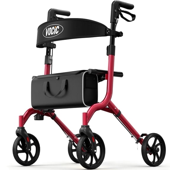 VOCIC Lightweight Rollator Walker with Seat for Seniors, 8" All-Terrain Wheels, 300 lbs Capacity, Aluminum, Red
