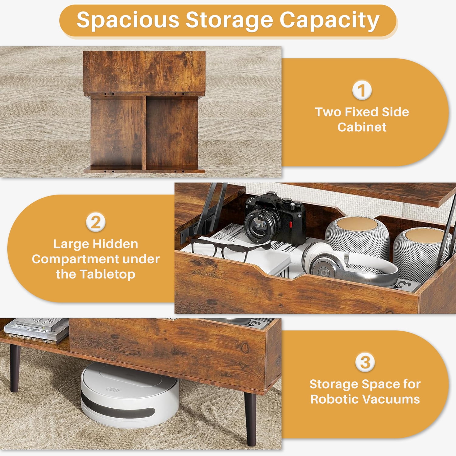 Coffee Table, Lift Top Coffee Tables for Living Room, Small Modern Wooden Center Tables with Storage Shelf and Hidden Compartment