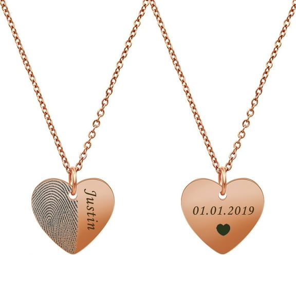 Personalized Half Heart Fingerprint Necklace Memorial Keepsake Stainless Steel Engraved Actual Thumb Print Jewelry Engraving with Gift Box [Rose Gold]