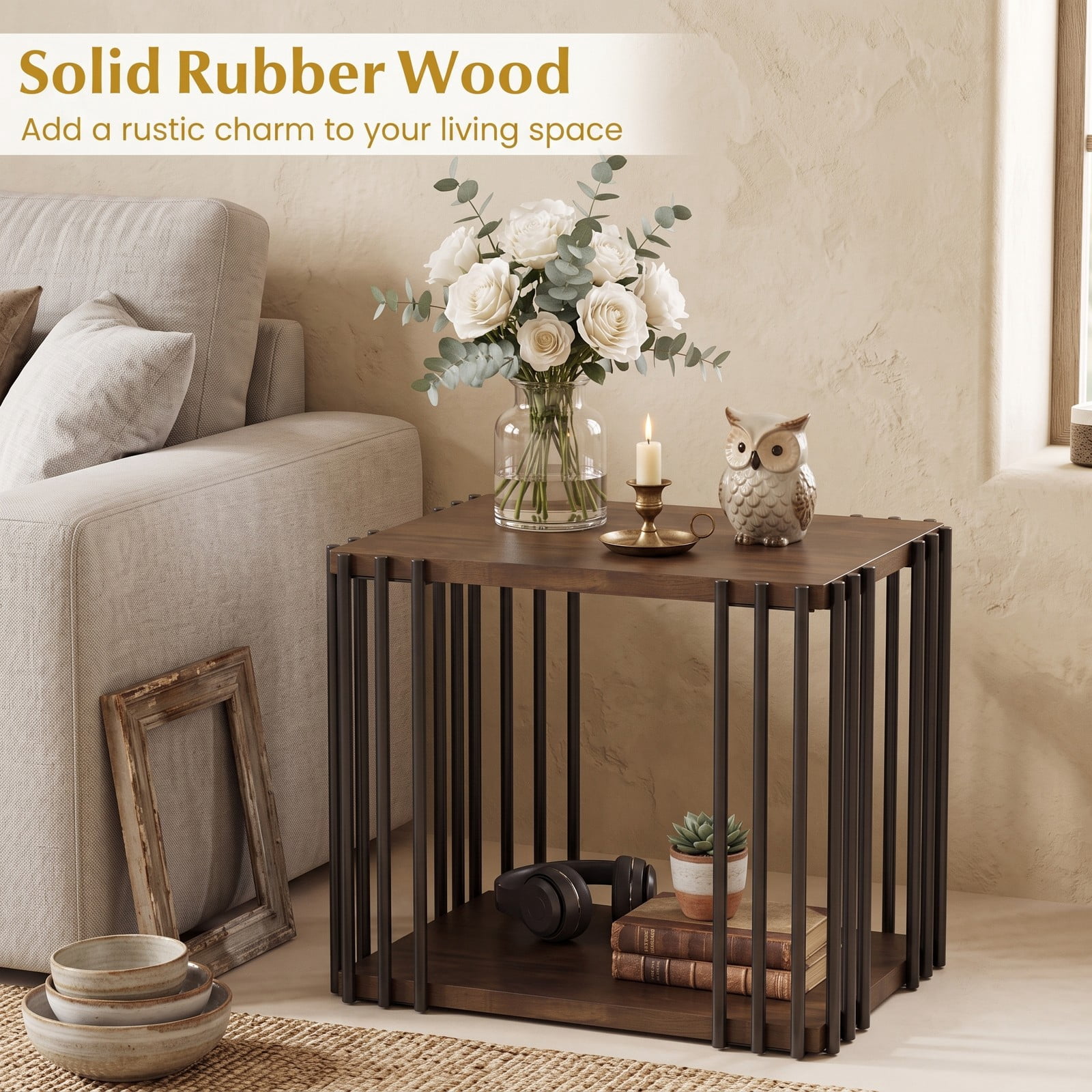 Furnibear Rubber Wood Side Table, 2-Tier End Table with Storage Shelf and Sturdy Metal Frame for Living Room Bedroom, Compact Nightstand Sofa Accent, Walnut and Black