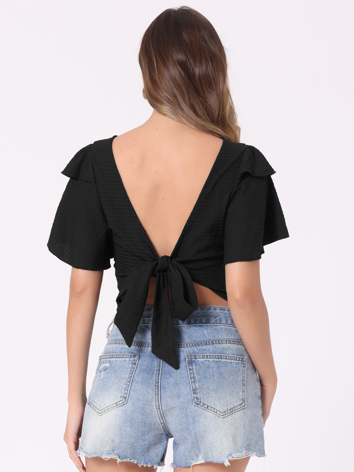 DARING DIVA Changeable Neckline Flutter Sleeve Crop Top L Black