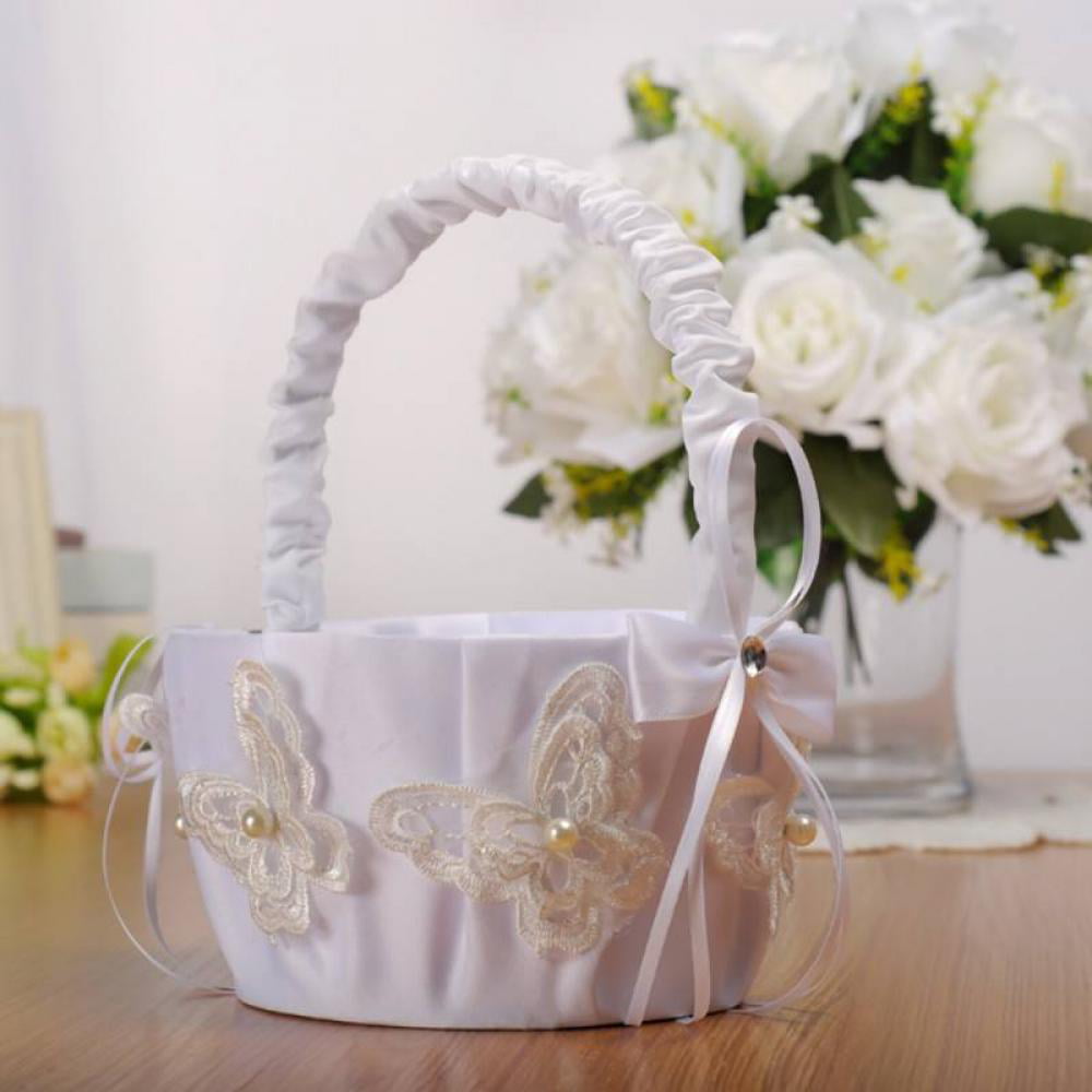 Ceremony/Party Rose Flower Girl Basket White Romantic Satin Wedding-Decor Supply 