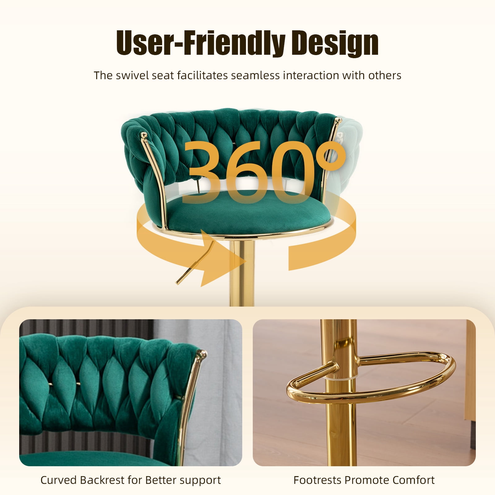 MOONMISS Bar Stools Set of 2, Adjustable Swivel Barstools, Velvet Counter Height Bar Chair with Back and Footrest for Kitchen Island Dining Room Café Pub,Green