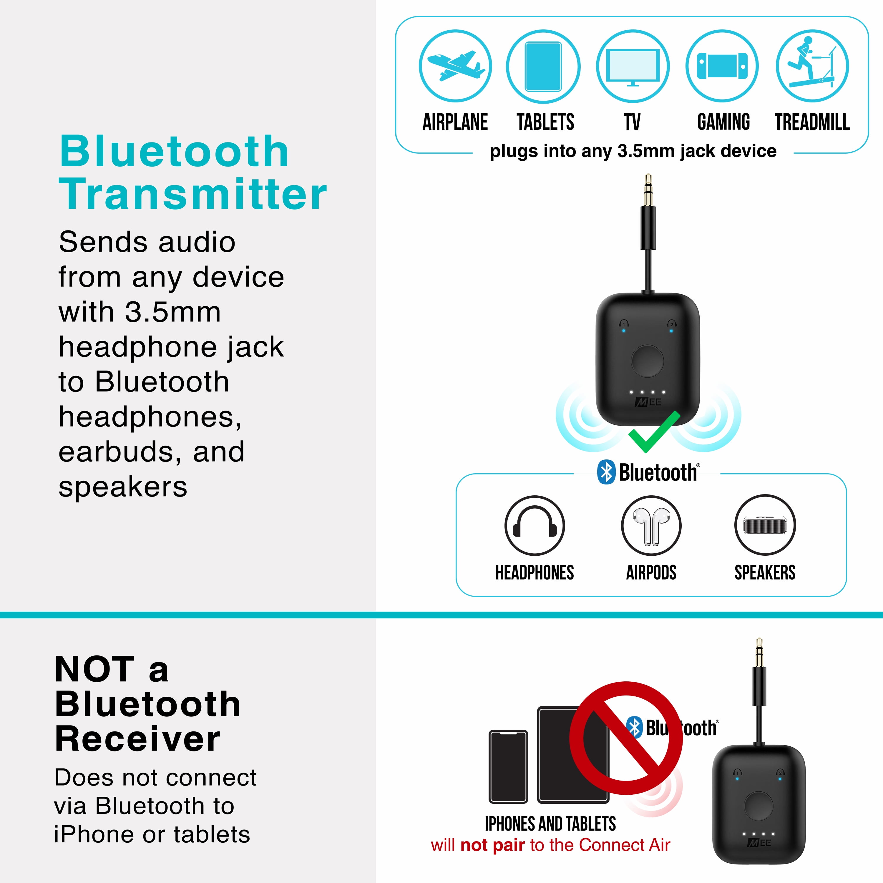 MEE audio Connect Air In-Flight Adaptateur émetteur audio sans fil  Bluetooth pour jusqu'à 2