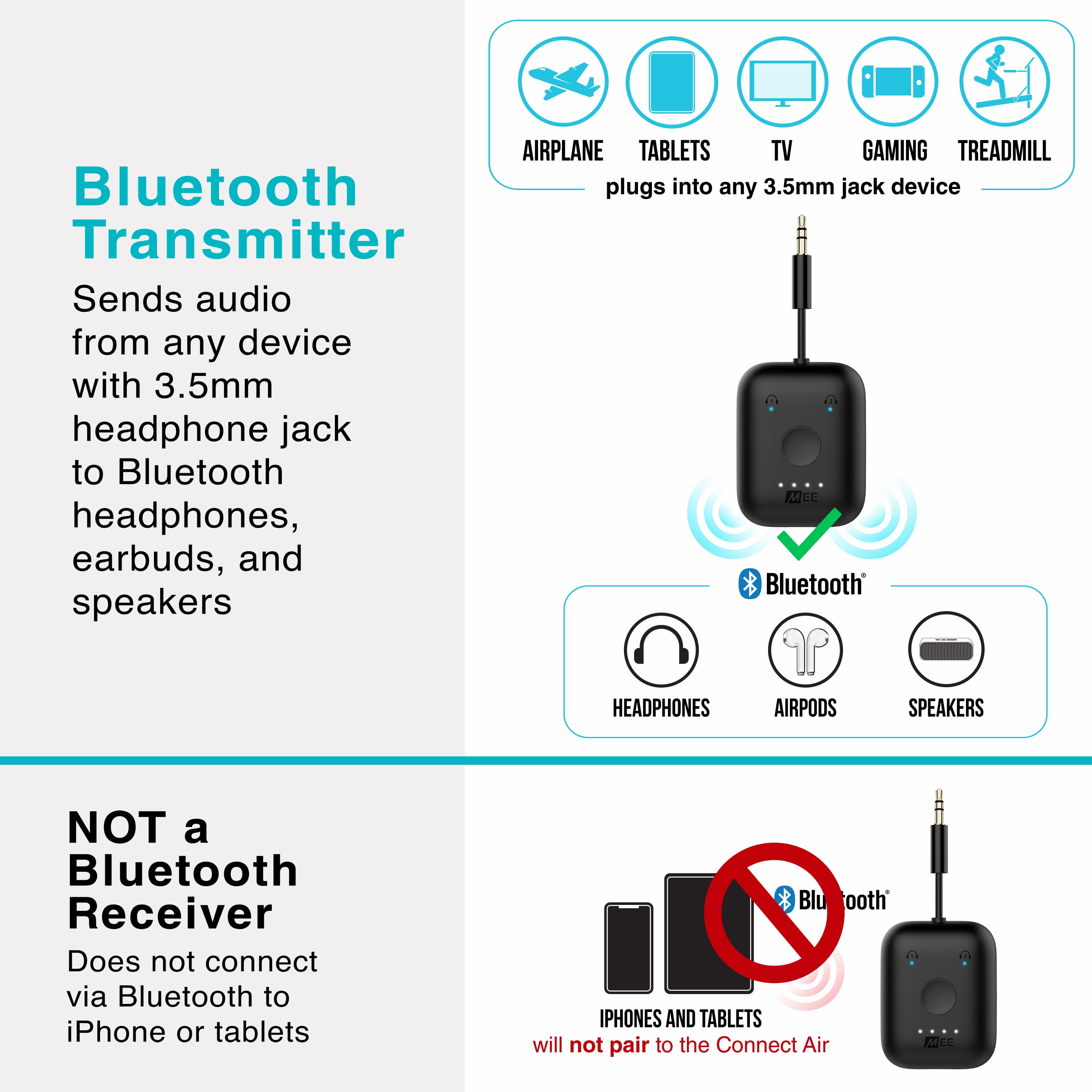Free Shipping MEE audio Connect Air in Flight Bluetooth Wireless Audio Transmitter Adapter for up to 2 AirPods Other Headphones Works with All 3.5mm Aux Jacks on Airplanes Gym Equipment TVs