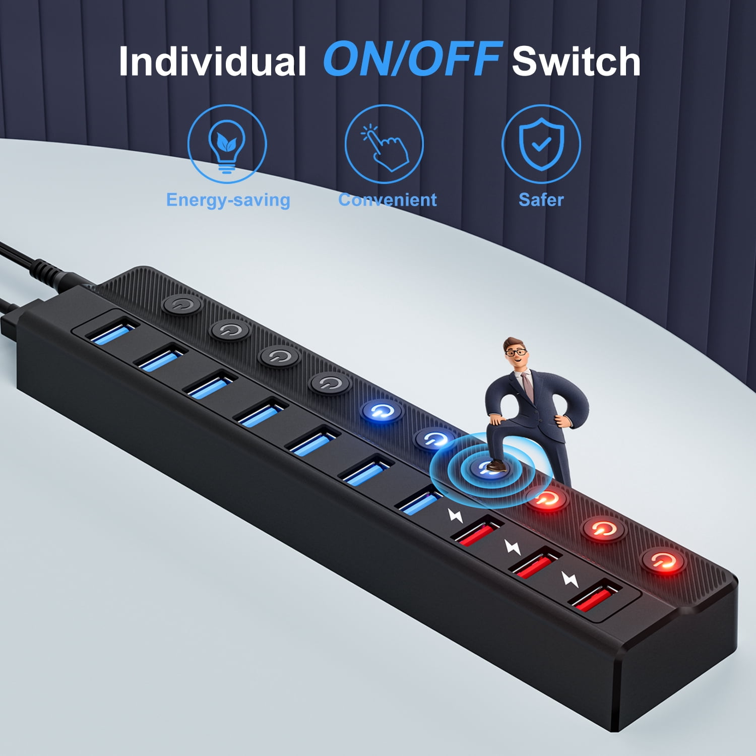 Powered USB Hub 3.0, 10-Port USB Splitter Hub (7 Faster Data Transfer Ports+ 3 Smart Charging Ports) with Individual LED On/Off Switches and 12V/3A Power Adapter USB Extension for Mac, PC and More