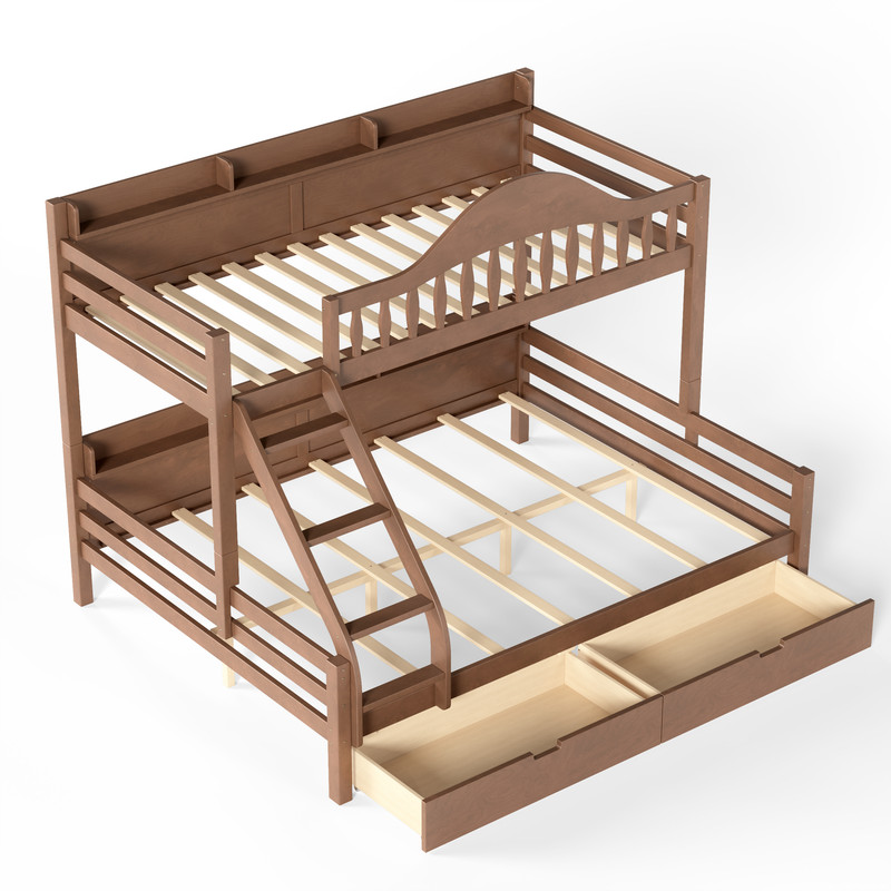 Twin XL-Over-Queen Wood Bunk Bed with Curved Guardrail & Ladder, Chic Kids Storage Bed Frame with Drawers & Bedside Shelves