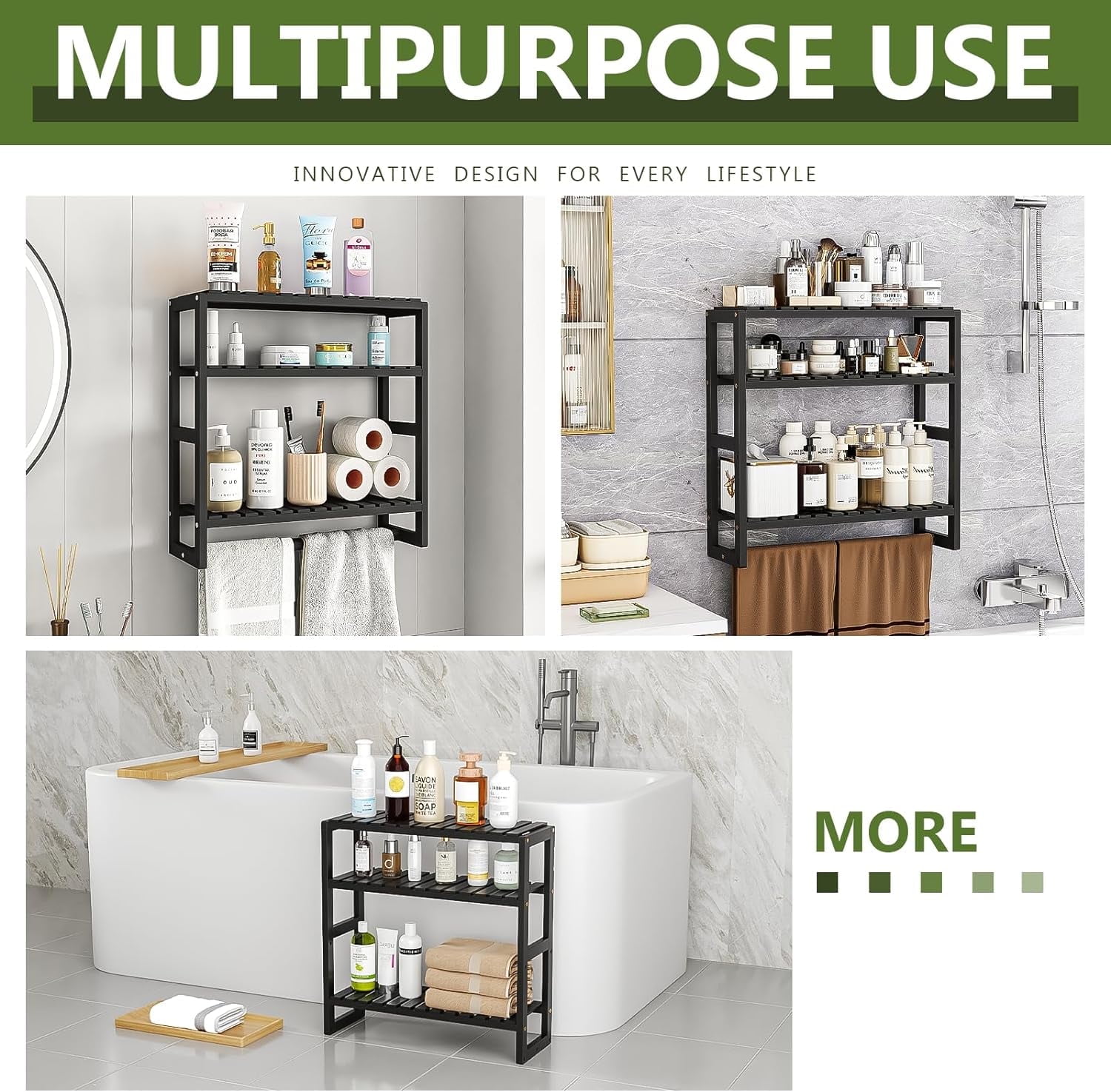 Bamworld Bathroom Storage Shelves Black 3-Tier Floating Bathroom Shelves