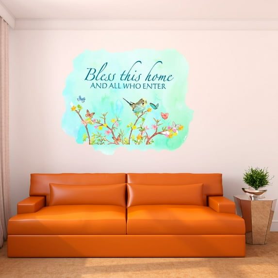 Watercolor Decal Bless This Home And All Who Enter Living Room Wall Decal for Family Birds Flowers Art Blue Background Design Cute Themed Room Décor - Size: 10 In x 8 In