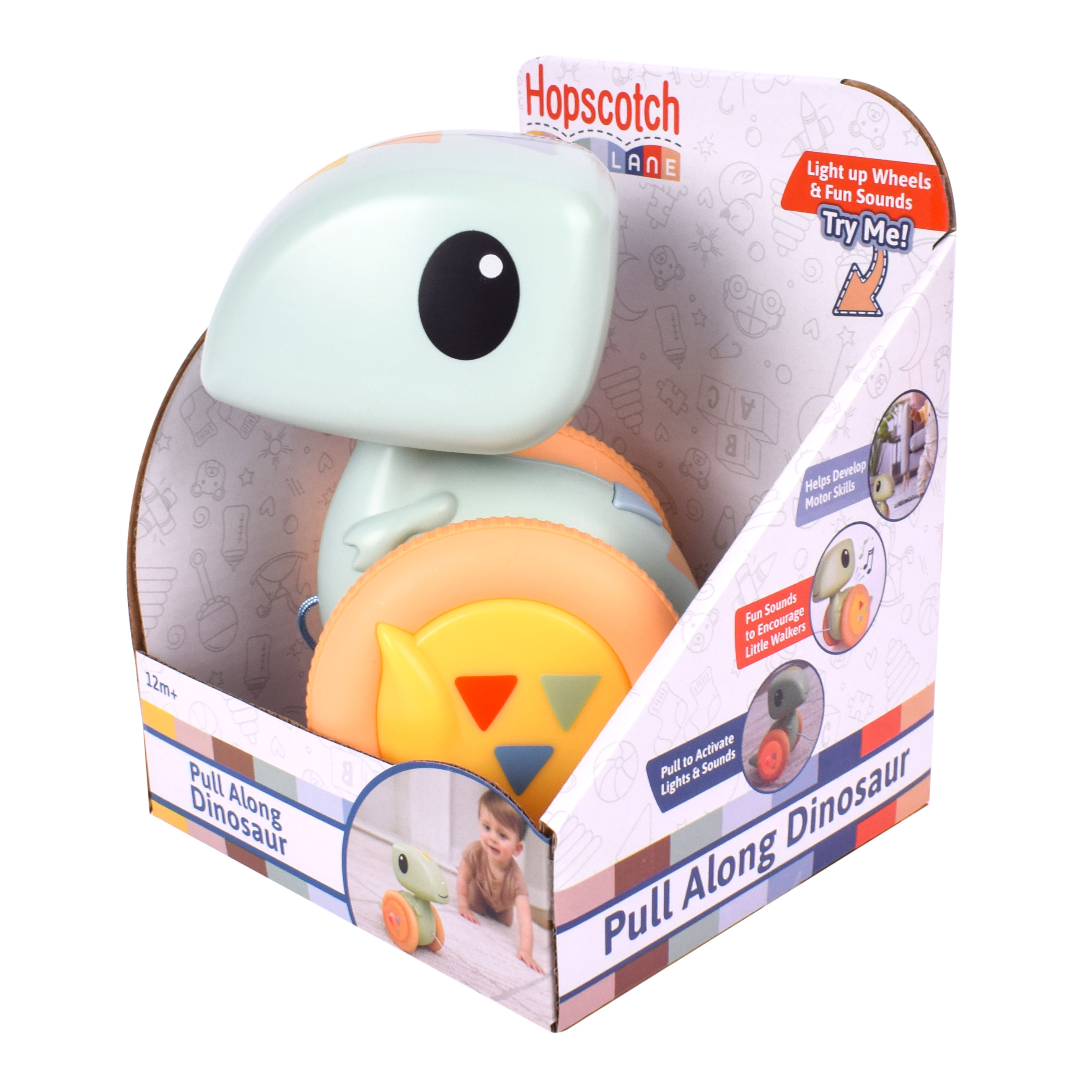Hopscotch Lane Pull Along Dinosaur - Light up Rolling Toy for Toddlers, Unisex, Ages 12+ Months