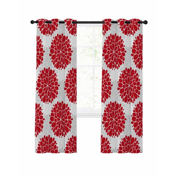 Red Dahlia Blackout Curtains, Light Blocking Print Window Curtains, Vintage Country Grey Abstract Flowers Floral Thermal Insulated Window Drapes for Living Room Kitchen Cafe 2 Panels, 55"W x 39"L