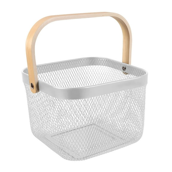 Handheld Storage Basket with Wooden Handle for Fruits and Vegetables Hollow Design Home Organization Basket for Kitchen Counter and Pantry Storage Topliu