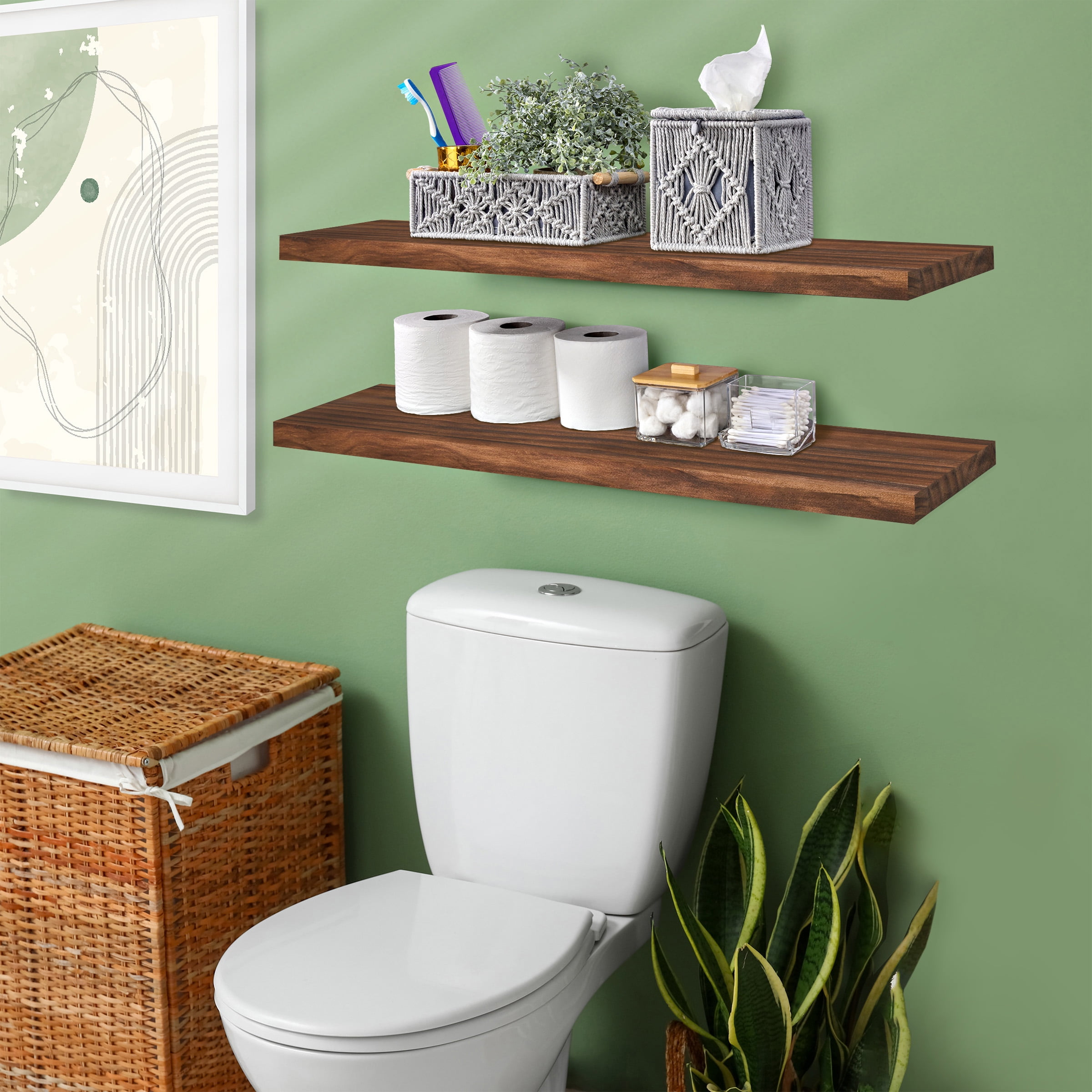 Sorbus 2-Pack Solid Wood Floating Shelves, 35 in, Brown, Wall-Mounted Storage