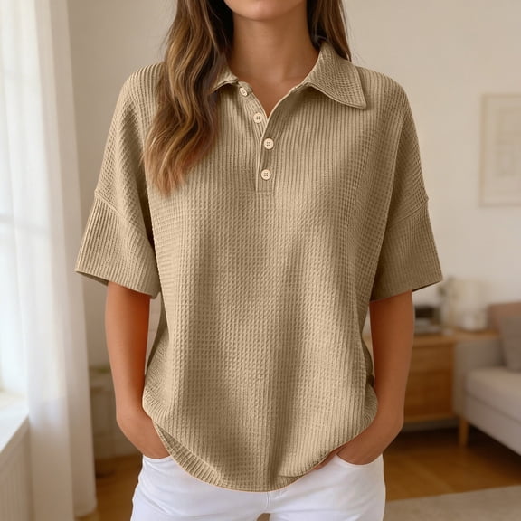 Uobin Womens Short Sleeve Polo Sweater V Neck Collared Knitted Shirts Waffle Summer Casual Business Office Work Tops Golf Clothes