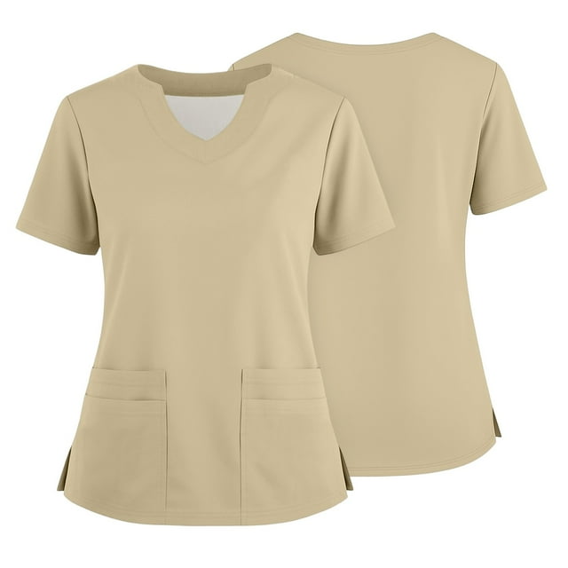 Ktyne Tuniques Médicales pour Femmes à Col en V, Manches Courtes, Extensibles, Uniforme de Travail pour Infirmière, Hauts de Sarrau Doux avec Poche, Beige, TTTG