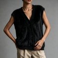 thumbnail image 5 of Womens Solid Fuzzy Knit Vest V Neck Button Front Sleeveless Cardigan Loose Fit Knitted Waistcoat Casual Layering Sweater Vest Black 2XL, 5 of 5