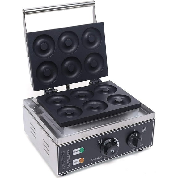 Donut Maker, 110V 1550W 6 Holes Double-Sided Non-stick Commercial Electric Doughnut Maker 50-300℃ with Anti-Scald Stainless Steel Handle, Doughnut Making Machine for Commercial, Home