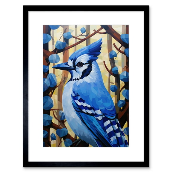 Blue Jay Geometric Artwork Wild Bird Perched on Tree Polygonal Forest Landscape Artwork Framed Wall Art Print 9X7 Inch