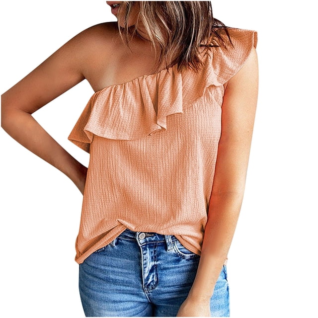 ohmzyzo Womens One Shoulder Tops Ruffled Solid Color Tunic Shirts Summer Sleeveless Loose Tank Top