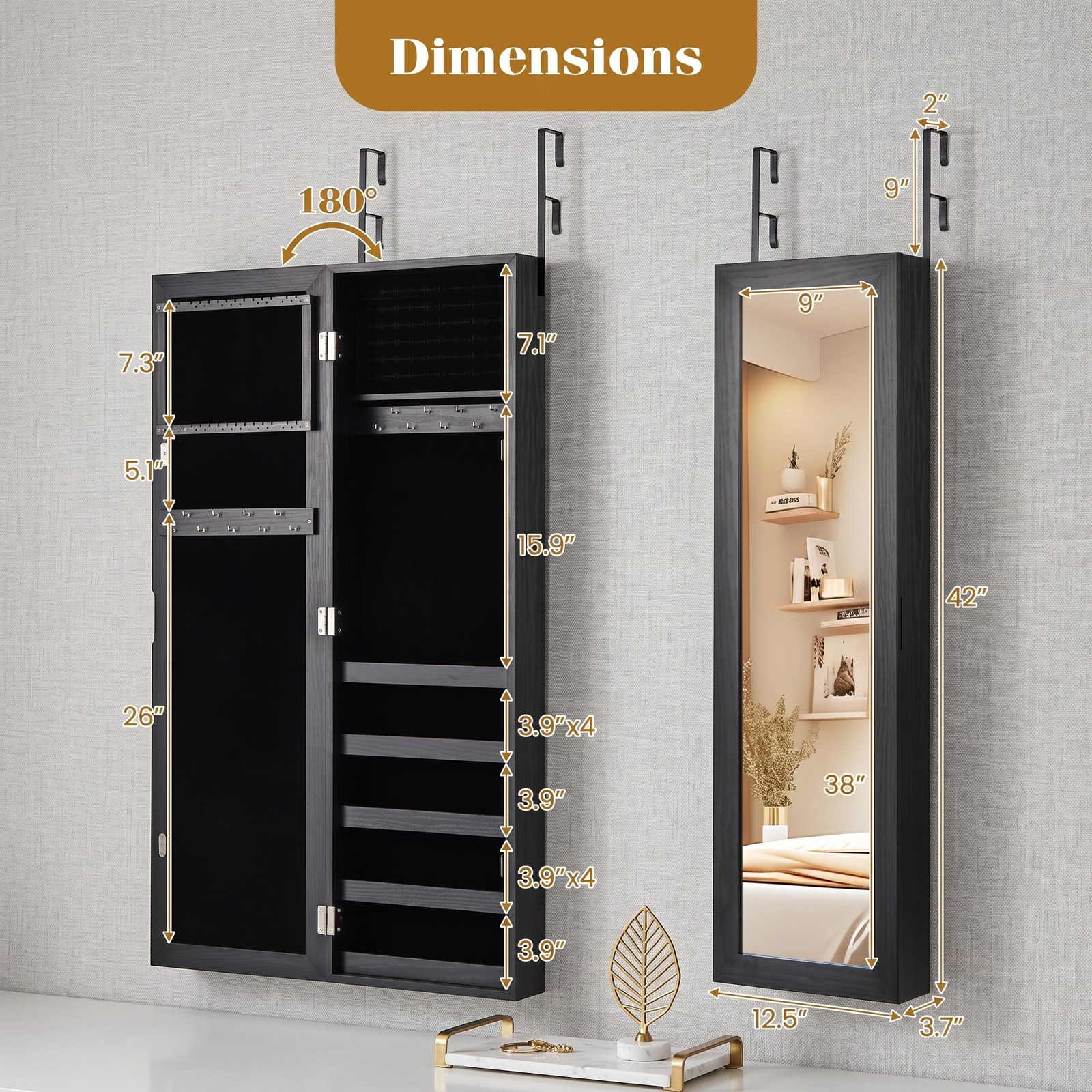 Furnibear Wall and Door Mounted Armoire Jewelry Cabinet with Full-Length Mirror and Velvet Lining for Bedroom Storage, Black