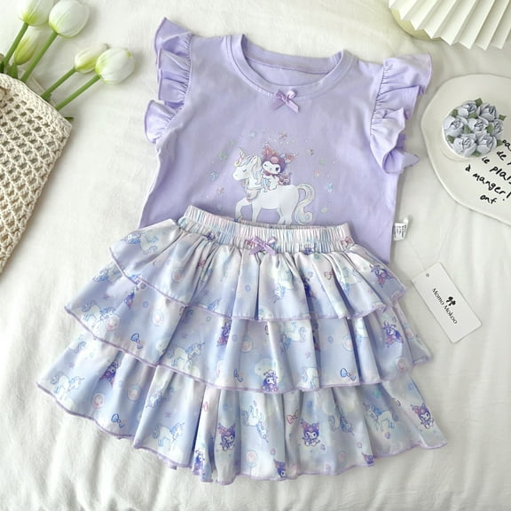Cute Kuromi Print Girls' Two-Piece Set,Sleeveless Ruffled Top and Tiered Culottes,100