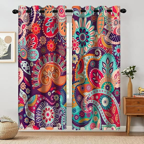 Boho Floral Blackout Window Curtains, Colorful Flower Aesthetic Art Living Room Bedroom Decor Insulated Thermal Curtain Darkening Grommet Window Drapes Treatments 42"W x 96"L (Pack of 2)