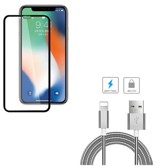 Screen Protector w Metal USB Cable for iPhone XR - Anti-Glare Tempered Glass Matte 3D, 6ft Charger Cord Power Wire