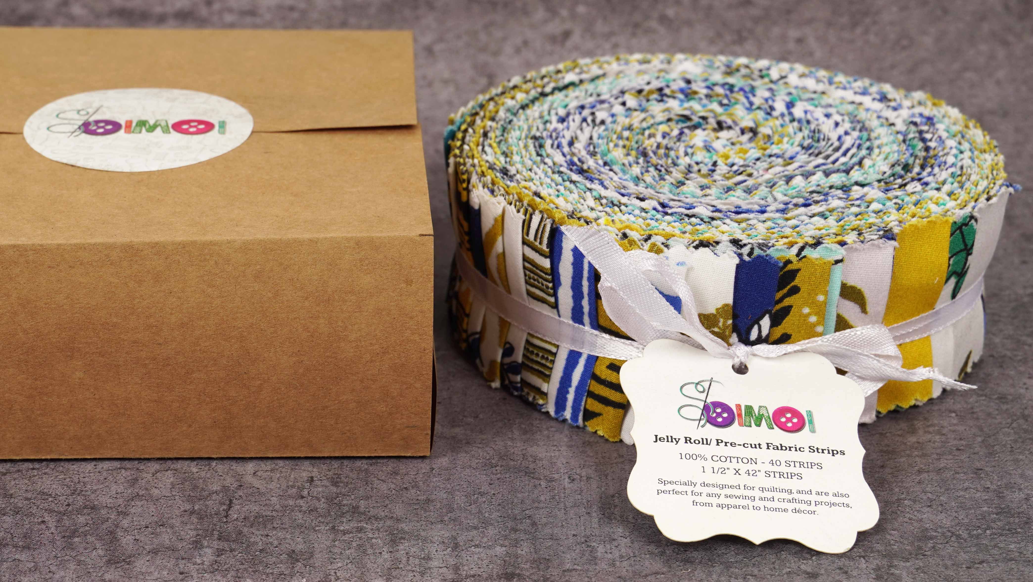 Soimoi 40Pcs Asian Block Print Precut Fabrics Strips Roll Up 1.5x42 inches Cotton Jelly Rolls For Quilting - Mustard, Blue, White