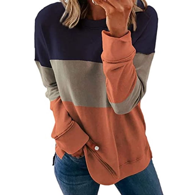 Daeful T-shirt à Manches Longues, Col Rond, T-shirt pour Femmes, Col Rond, Coupe Ample, Hauts à Blocs de Couleur, Bleu Marine, M