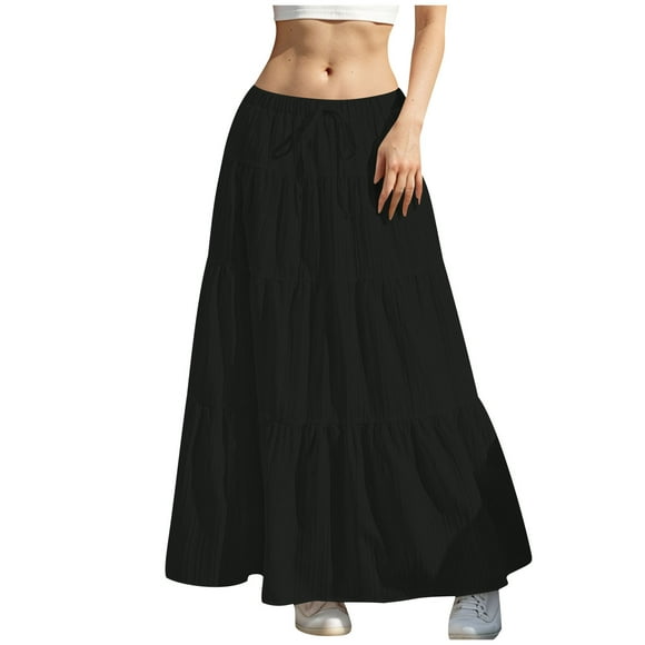 fheaev Flowy Boho Maxi Skirt for Women Trendy Drawstring High Waist Elastic A Line Pleated Ruffle Tiered Summer Casual Beach Long Skirts