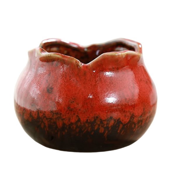 Cateissary Maceta de cerámica hecha a mano con borde de pétalo, maceta esmaltada para plantas, orificio de drenaje, maceta de escritorio para Jardín y Patio Rojo