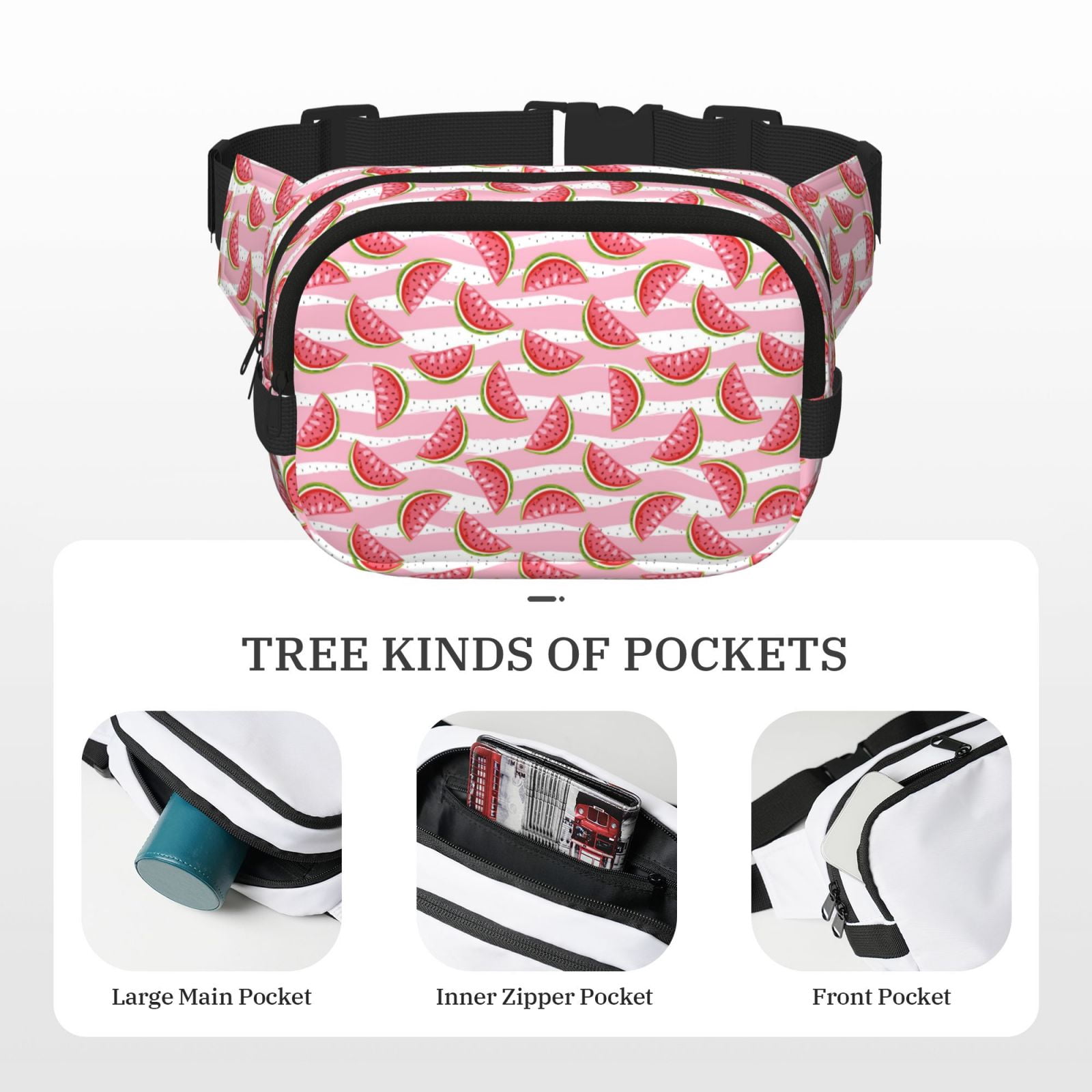 Picia Cute Watermelon Print Square Double-Layer Waist Bag Mini Adjustable Waist Belt Bag Exercise Running Travel Hiking