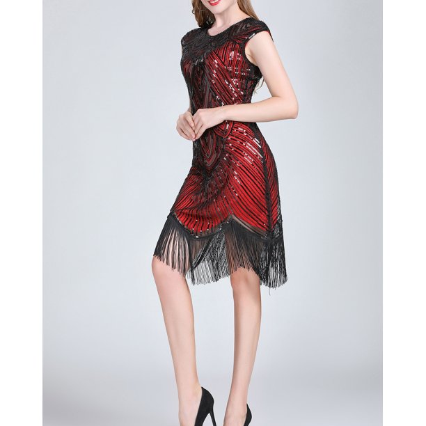 red charleston dress S-4XL Plus Size Red 1920s Gatsby Wedding Flapper Fringed Dress ,vintage  Roaing Sequins Beaded Cocktail Prom Party Gown With Fringed Capelet
