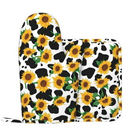 

Oven Mitts and Pot Holders Sets Cute Cow Print Sunflower C Non-Slip Silicone Oven Gloves Potholders Cotton Lining Heat Resistant Gloves Hot Pads for Kitchen Cooking Baking