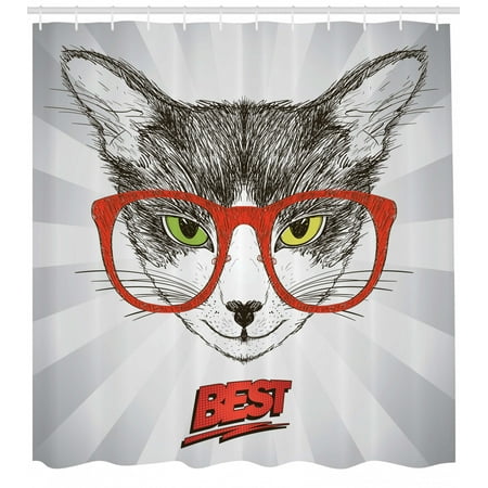 Nerdy Shower Curtain, Cat Portrait Hipster Glasses on Starburst Stripes Best Wording, Fabric Bathroom Set with Hooks, Vermilion Pale Grey Yellow Green, by