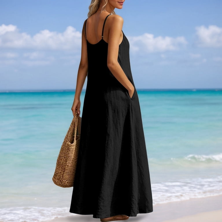 crew neck boho dress Anineo Dresses For Women Beach Casual Loose Flowy Long Bohemian Solid Color Sleeveless Vacation Dress, Women's, Size: Large, Black cat_most_wanted