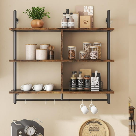 Bestier 41" Industrial Pipe Shelves Wall Mount, 3-Tier Floating Shelves for Kitchen Bedroom Bathroom in Rustic