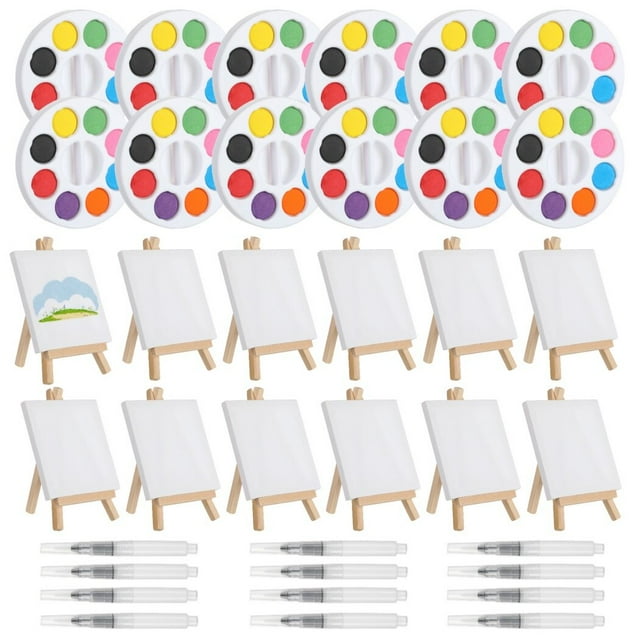 12 Watercolor Paint Sets, Mini Watercolor Painting Tool, Watercolor Paint Kit, 3.94 x 3.94 Inch Canvas Panel, 8-Color Watercolor, Wooden Easel Set, with Paint Brushes