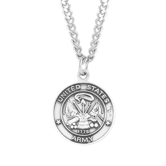Sterling Silver Army Medal with Patron Saint St Michael on Reverse, 0.9" x 0.8", 24" Endless Rhodium Plated Stainless Steel Chain Necklace, Made in USA, Deluxe Velvet Gift Box