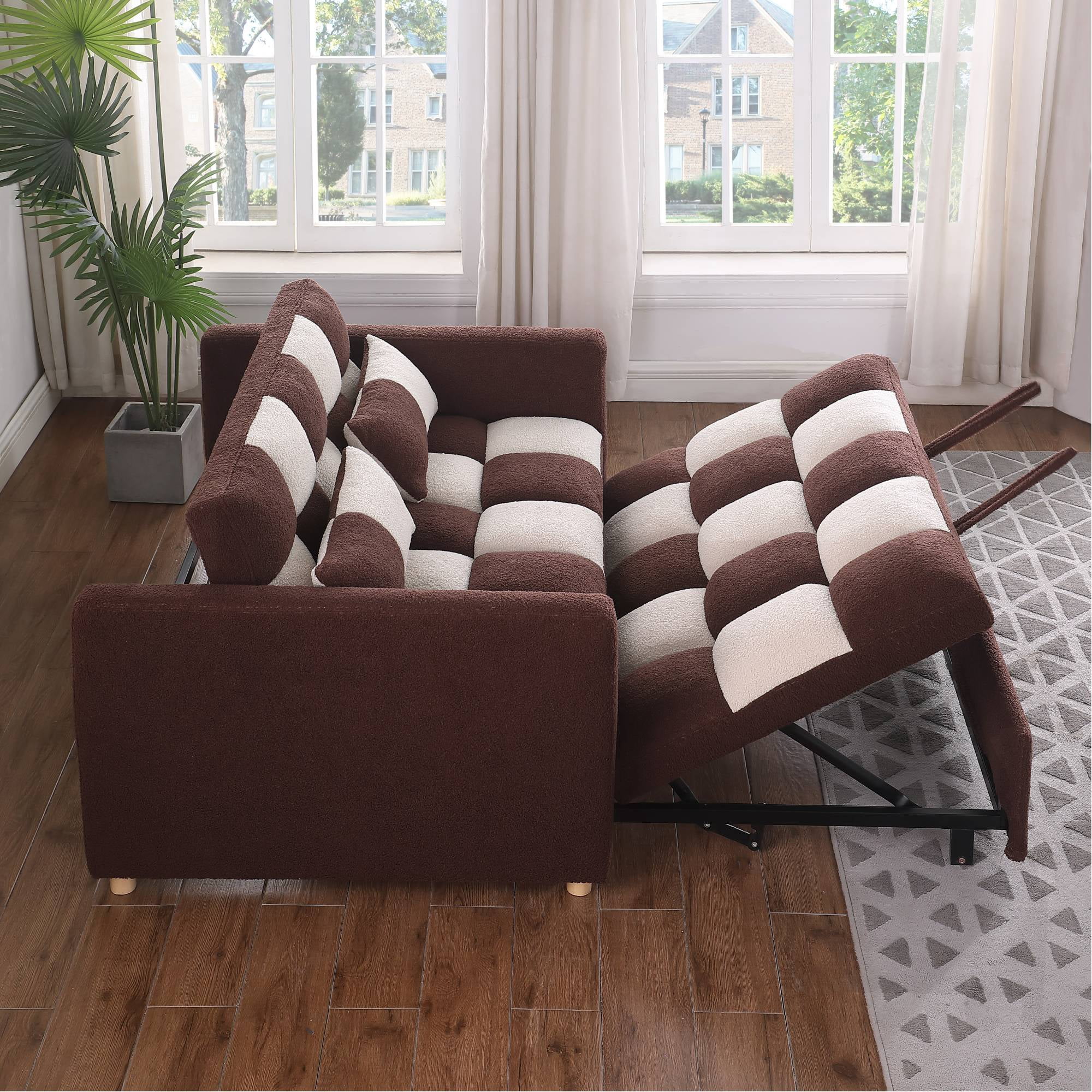 3 in 1 Convertible Pull Out Sofa Bed, Teddy Sleeper Sofa Couch with Adjustable Backrest, Loveseat with Pull Out Bed for Living Room, Red
