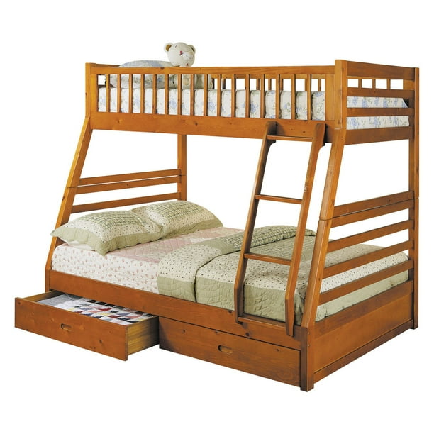 ACME Jason Twin over Full Bunk Bed with 2 Drawer in Honey Oak, Multiple