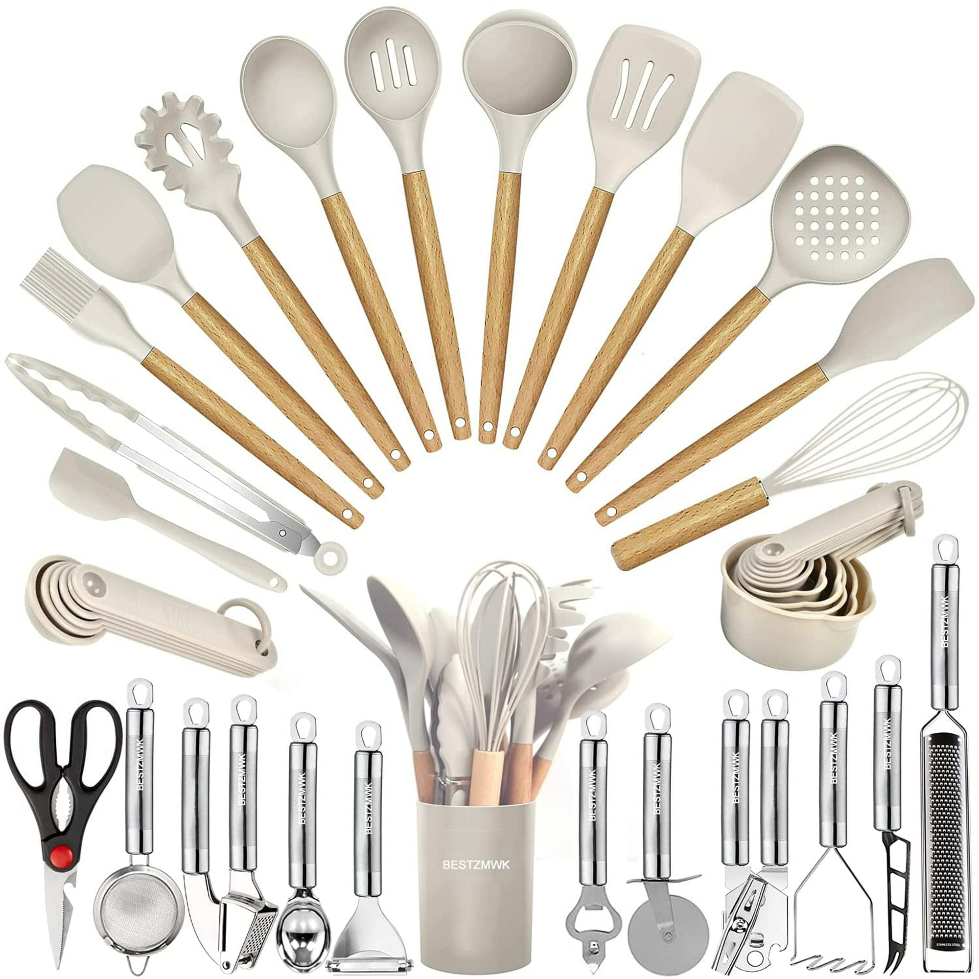 HTAIGUO Utensils Set- 35 PCs Cooking Utensils with Grater,Tongs, Spoon  Spatula &Turner Made of Heat Resistant Food Grade Silicone and Wooden  Handles