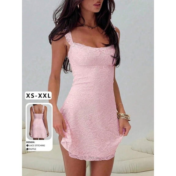 Pink Lace Sleeveless Mini Dress With Ruffle Straps And Bow Detail For Party