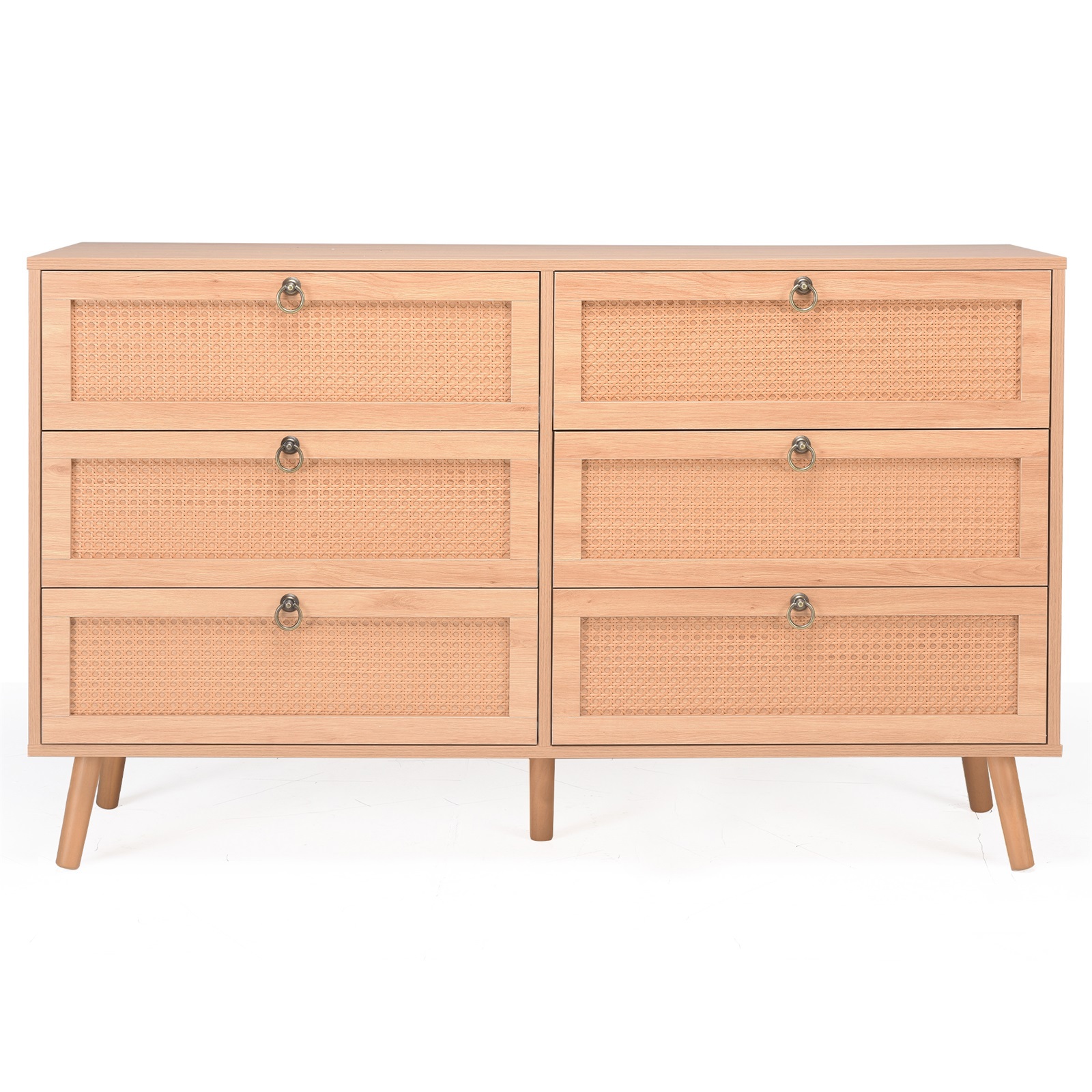 Hommoo Rattan 6 Drawer Double Dresser, Modern Storage Cabinet Chest of Drawers for Home, Natural