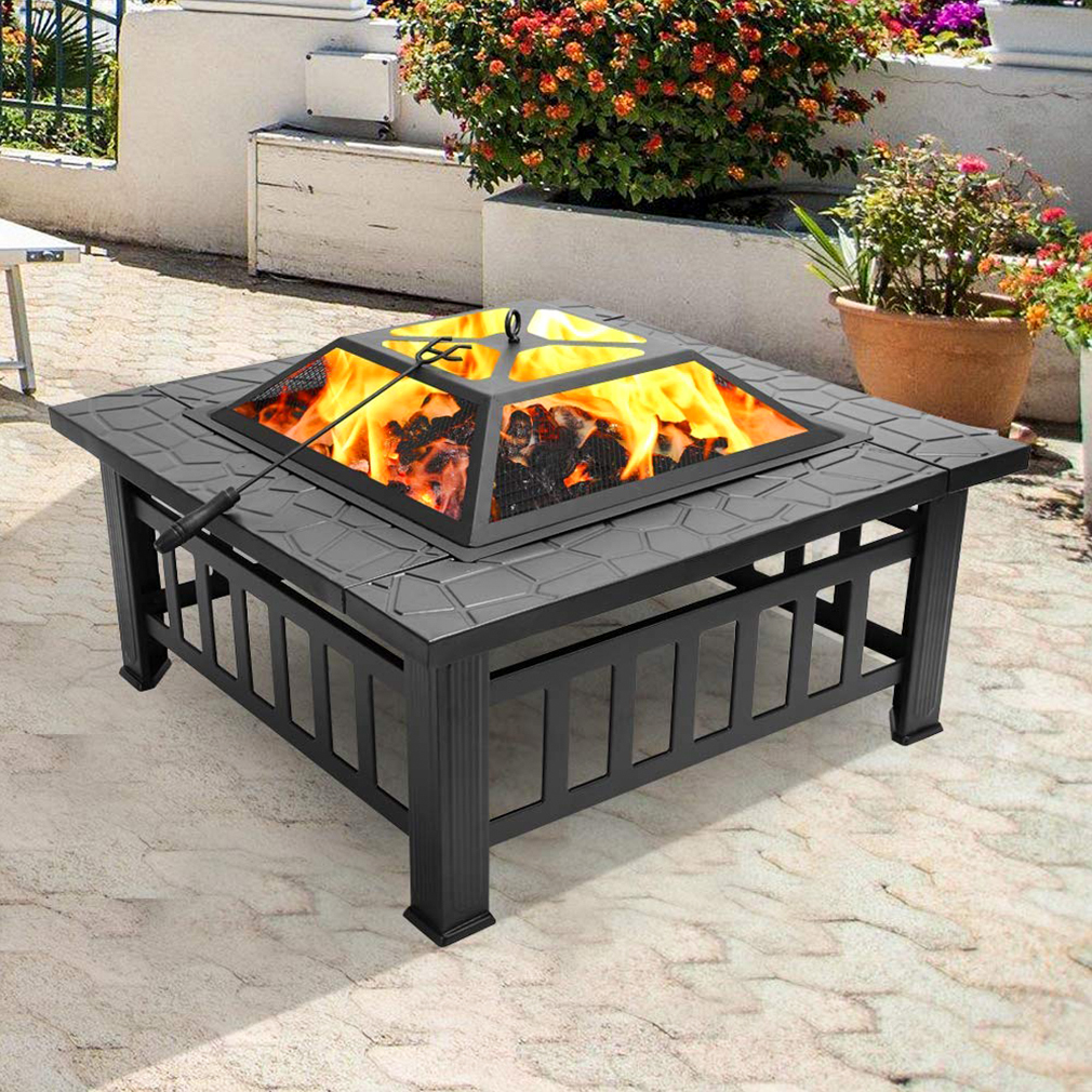 FDW 32" Outdoor Metal firepit for Patio Wood Burning Fireplace Square Garden Stove with Charcoal Rack, Poker & Mesh Cover for Camping - image 5 of 7